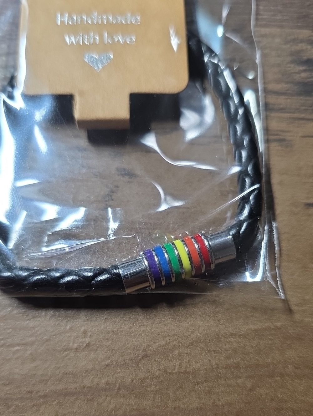 Handmade Black Braided Leather Bracelet with Rainbow Accent